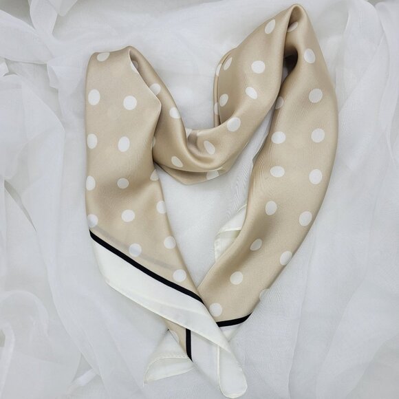 Luxury Elegant Silky Square Scarf Beige White Polka Dot Print Head Wrap Bandana - Picture 5 of 8